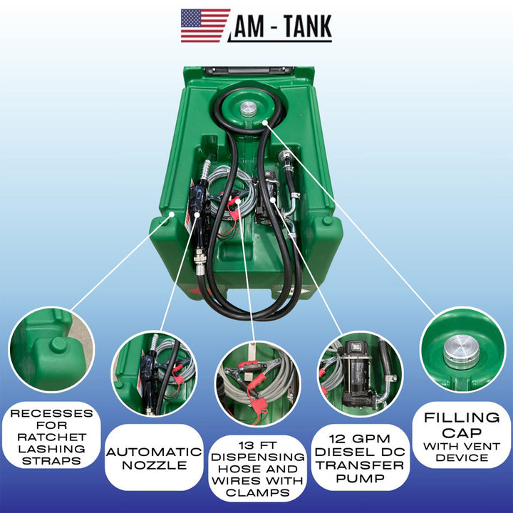 AM-TANK 58 Gallon Portable Diesel Only Tank with 12 Volt Pump and Covering Lid