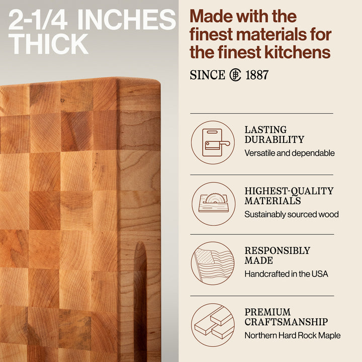 John Boos Small Maple Wood End Grain Cutting Board for Kitchen 18" x 18" x 2.25"