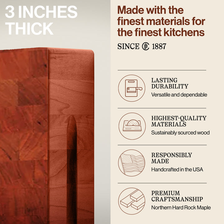 John Boos Small Cherry Wood End Grain Cutting Board for Kitchen, 14" x 14" x 3" - VMInnovations