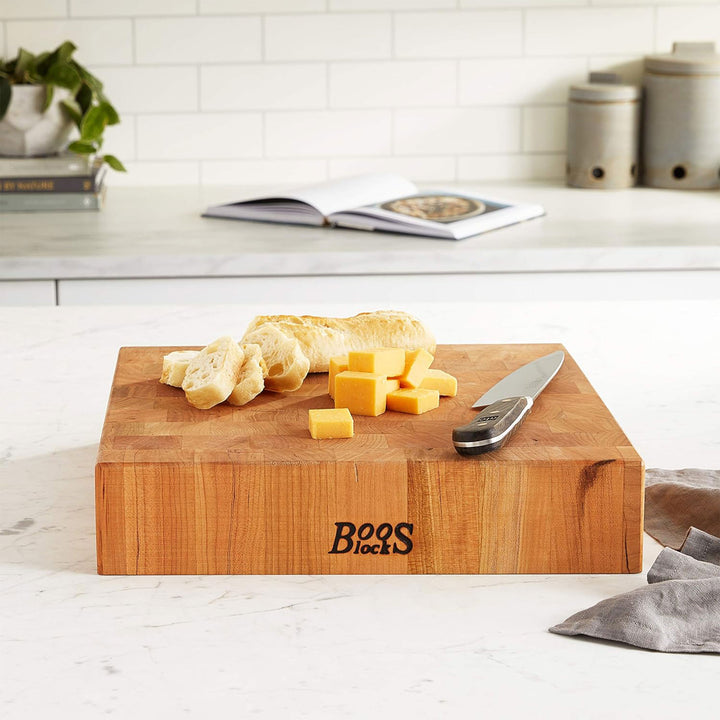 John Boos Small Cherry Wood End Grain Cutting Board for Kitchen, 14" x 14" x 3"