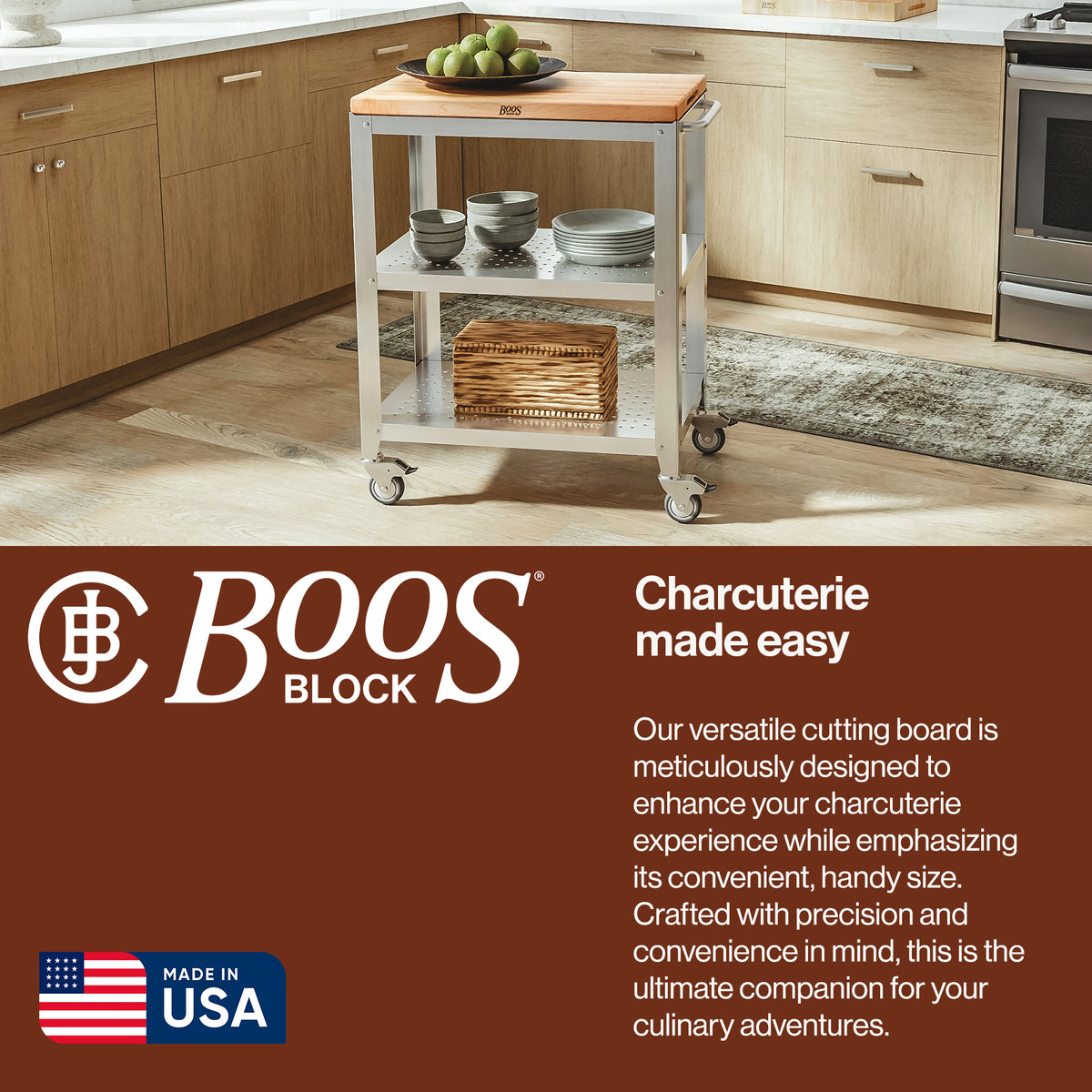John Boos Cucina Culinarte Kitchen Cart with Removable Maple Wood Cutting Board