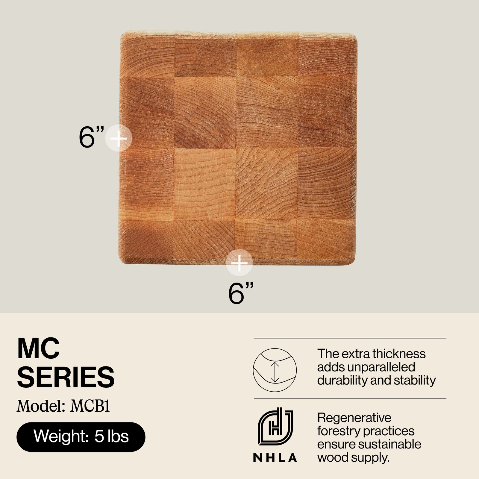 John Boos MC Series Square Wood Cutting Board with Feet, 6" x 6", Maple - VMInnovations