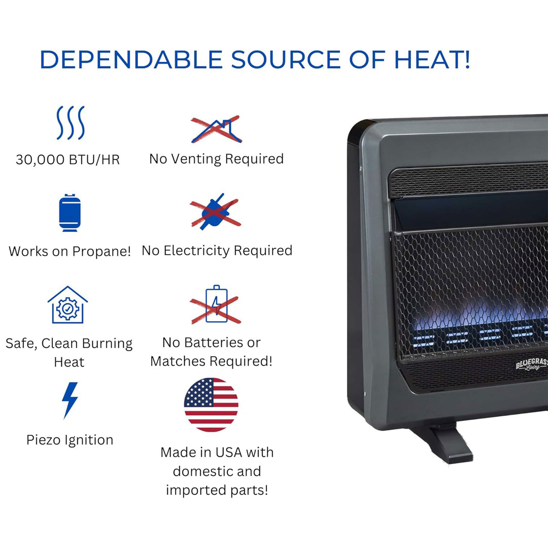 Bluegrass Living 30000BTU Propane Gas Ventless Space Heater with Blower and Feet - VMInnovations