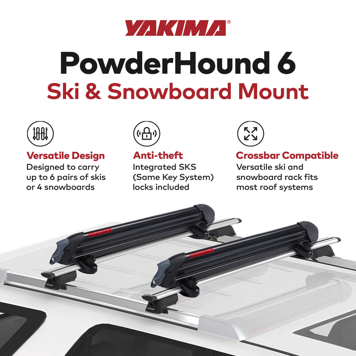 Yakima PowderHound 6 Ski or 4 Snowboard Universal Mount Crossbars (Open Box)