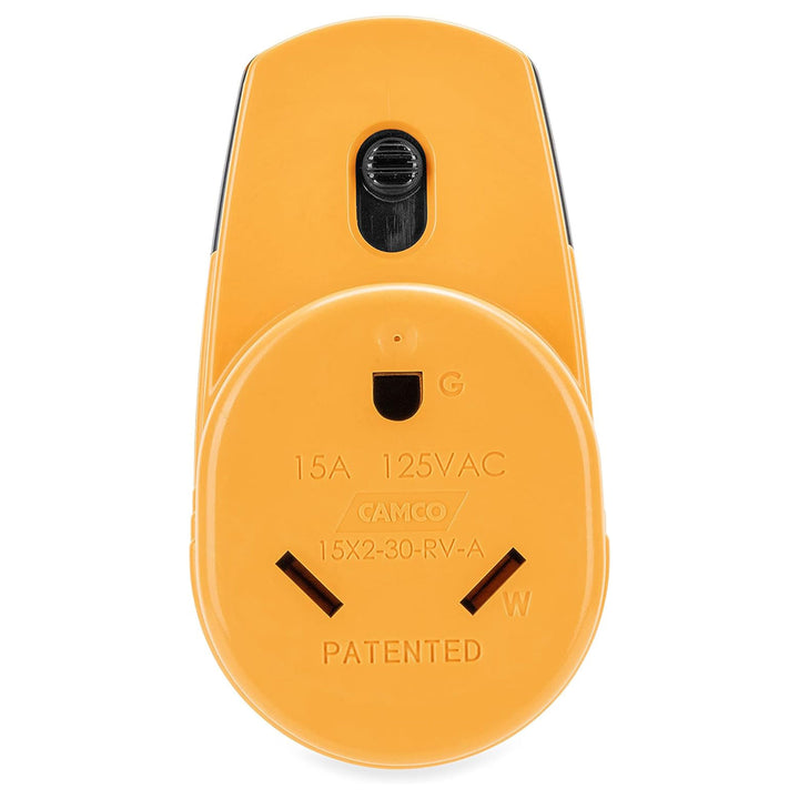 Camco 55225 Power Grip RV 125 Volt Two Plug 15 Amp to Single 30 Amp Adapter