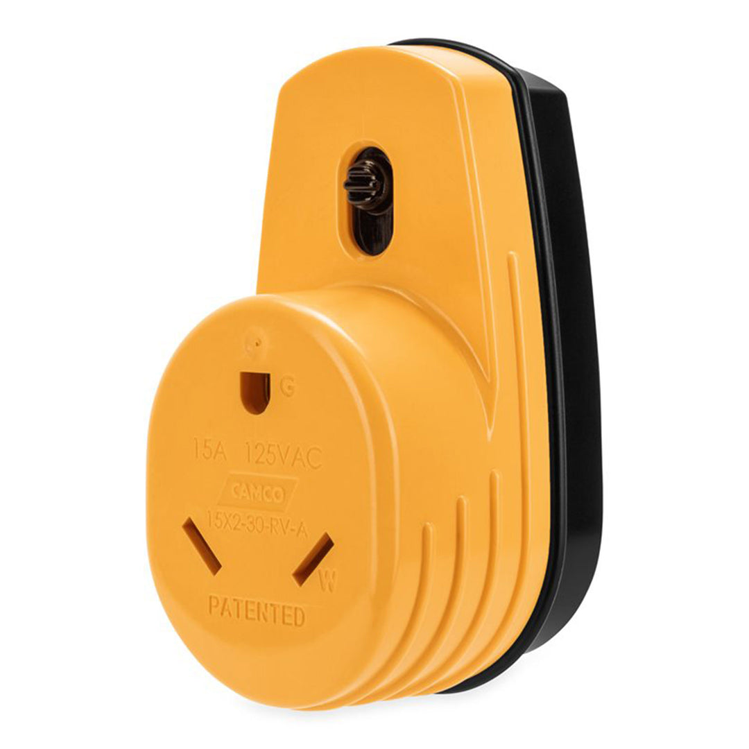 Camco 55225 Power Grip RV 125 Volt Two Plug 15 Amp to Single 30 Amp Adapter