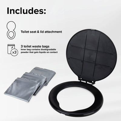 Camco Lidded Bucket Toilet Seat with 3 Waste Bags for 5 Gallon Buckets, Black