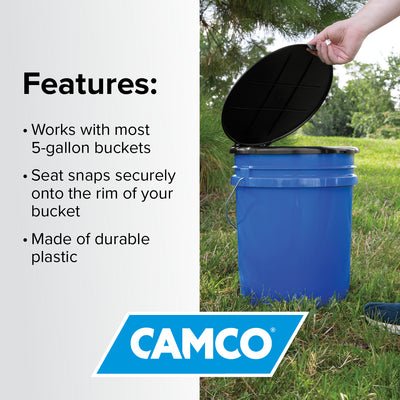 Camco Lidded Bucket Toilet Seat with 3 Waste Bags for 5 Gallon Buckets, Black