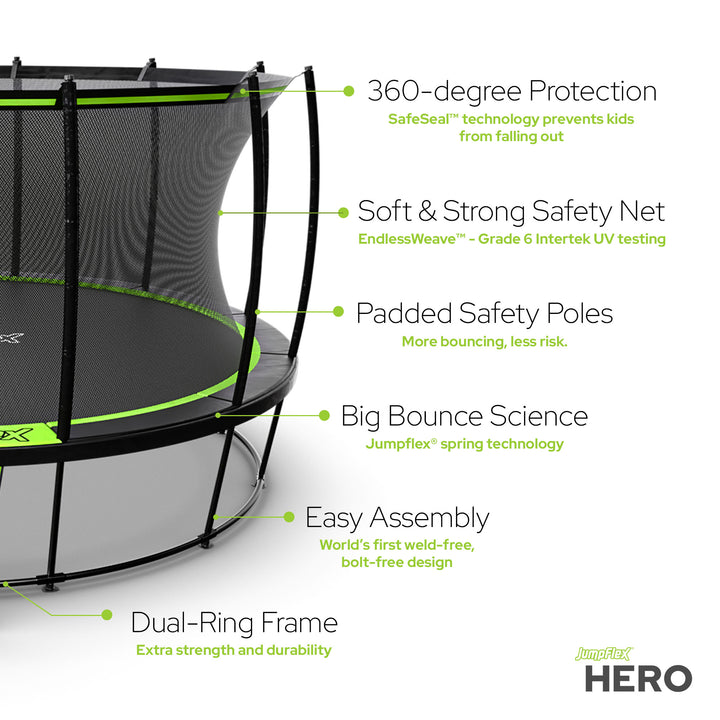 JumpFlex HERO 14' Trampoline with PROJAM Hero Basketball Hoop and Net Attachment - VMInnovations