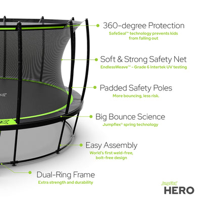 JumpFlex HERO 14' Trampoline for Kids Outdoor Play Equipment with Net & Ladder