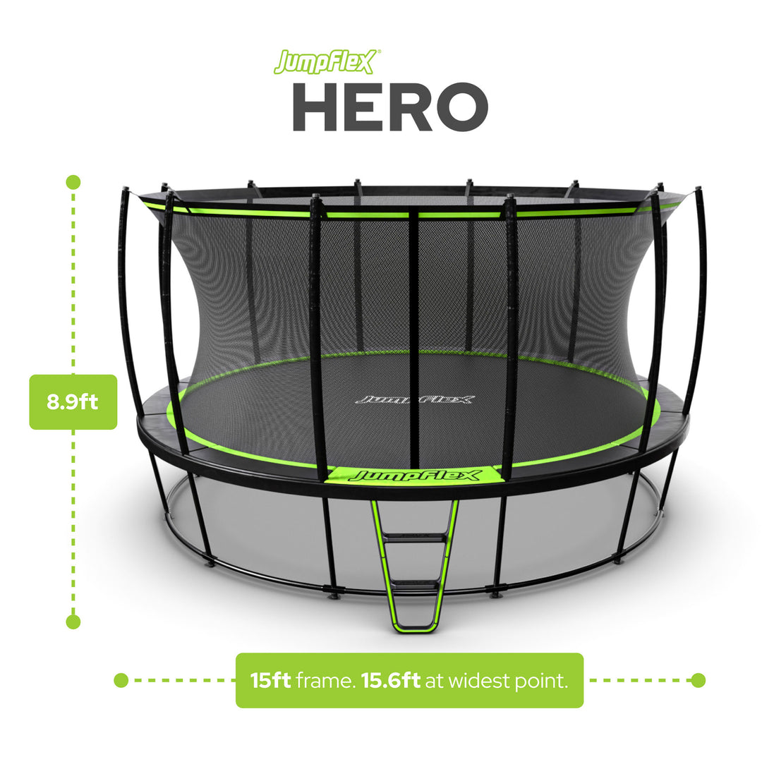 JumpFlex HERO 15' Trampoline for Kids Outdoor Play Equipment with Net & Ladder