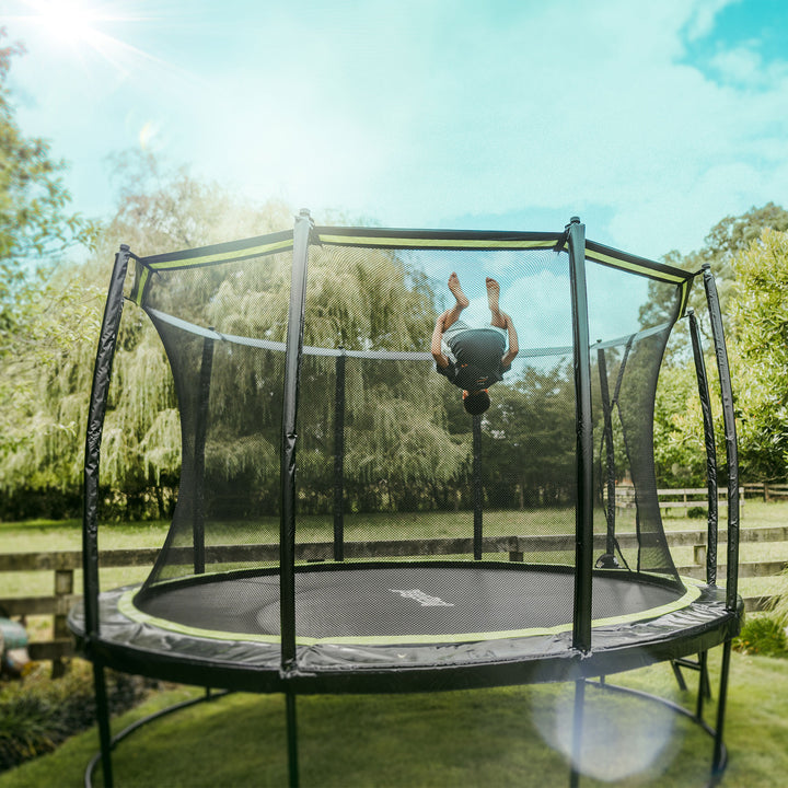 JumpFlex HERO 12' Trampoline for Kids Outdoor Play Equipment with Net & Ladder
