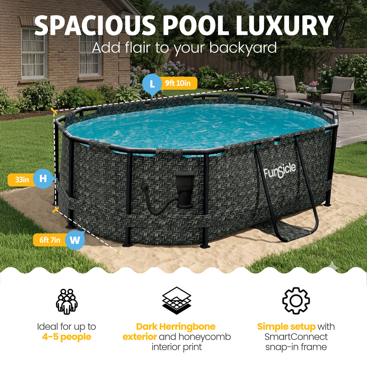 Funsicle 9'10" Oasis Designer Oval Above Ground Pool w/ Pump, Dark Herringbone
