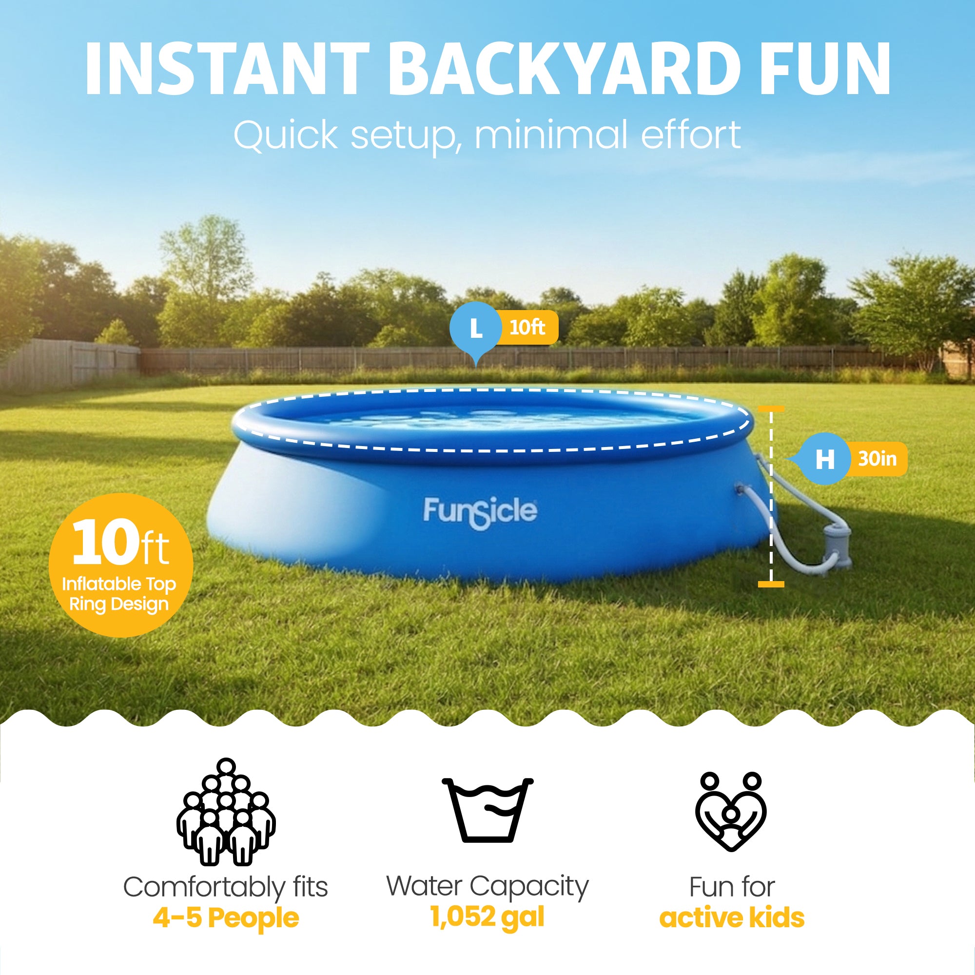 Funsicle 10' x 30" QuickSet Inflatable Ring Top Outdoor Above Ground Pool w/Pump