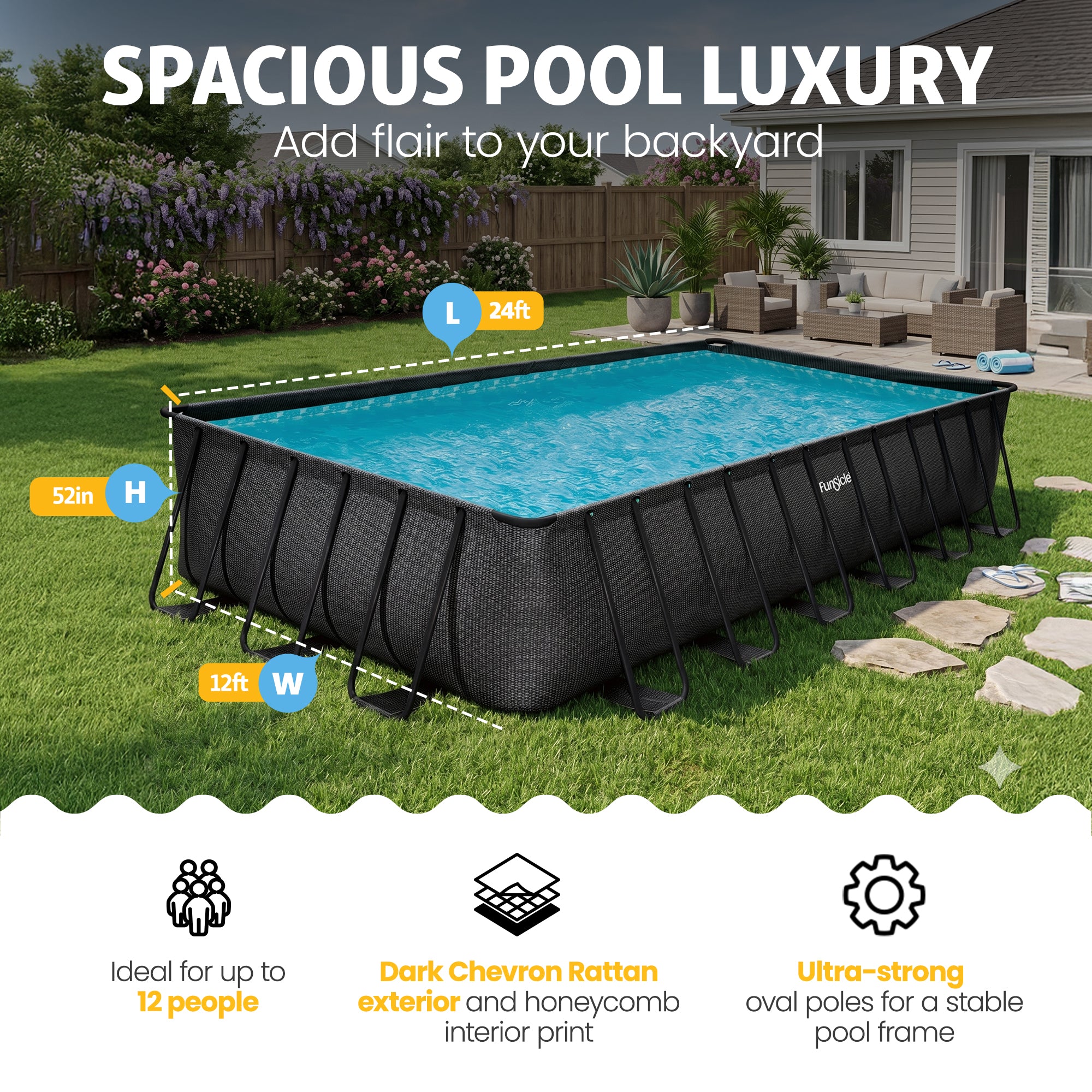 Funsicle 24 Ft Oasis Designer Lap Above Ground Pool w/ Pump, Dark Chevron Rattan - VMInnovations