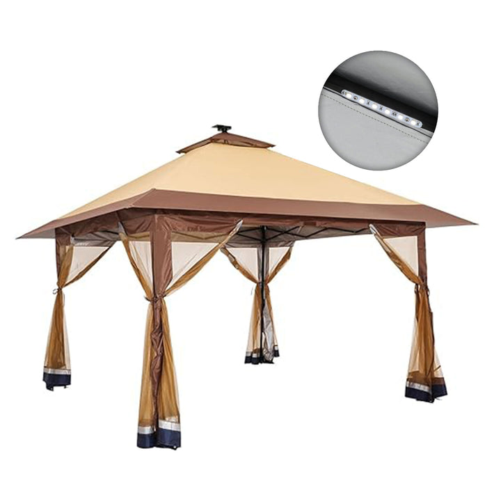 Suntime 12x12 Pop Up Gazebo Solar Light Screen Canopy Cover, Brown (For Parts)