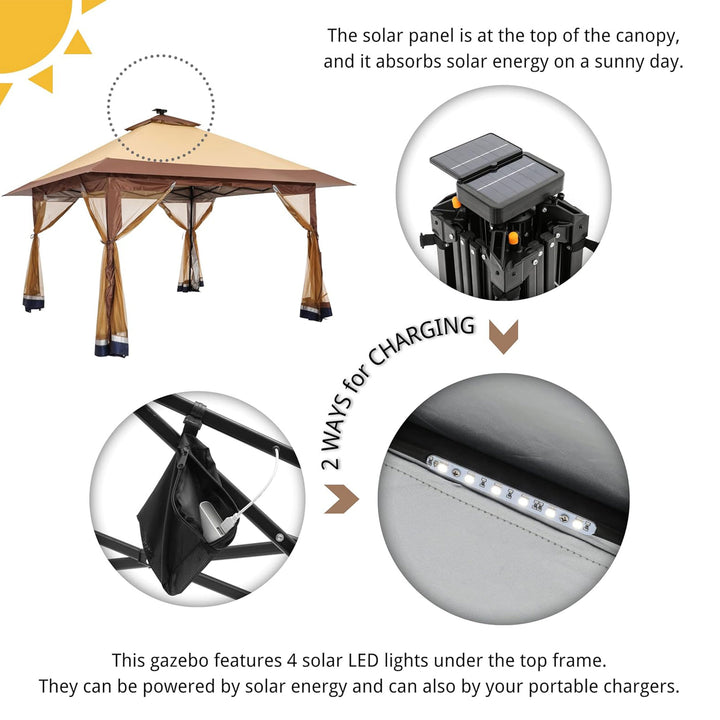 Suntime 12x12 Pop Up Gazebo Solar Light Screen Canopy Cover, Brown (For Parts)