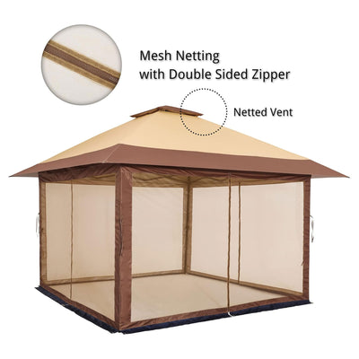 Suntime 12x12 Pop Up Gazebo Solar Light Screen Canopy Tent Cover, Brown (Used)