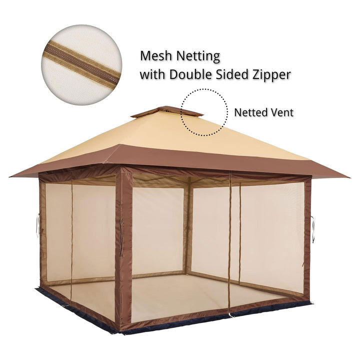 Suntime 12x12 Pop Up Gazebo Solar Light Screen Canopy Cover, Brown (For Parts)