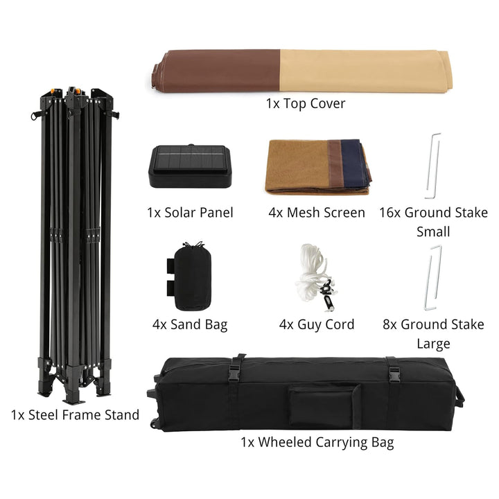 Suntime 12x12 Pop Up Gazebo Solar Light Screen Canopy Cover, Brown (For Parts)