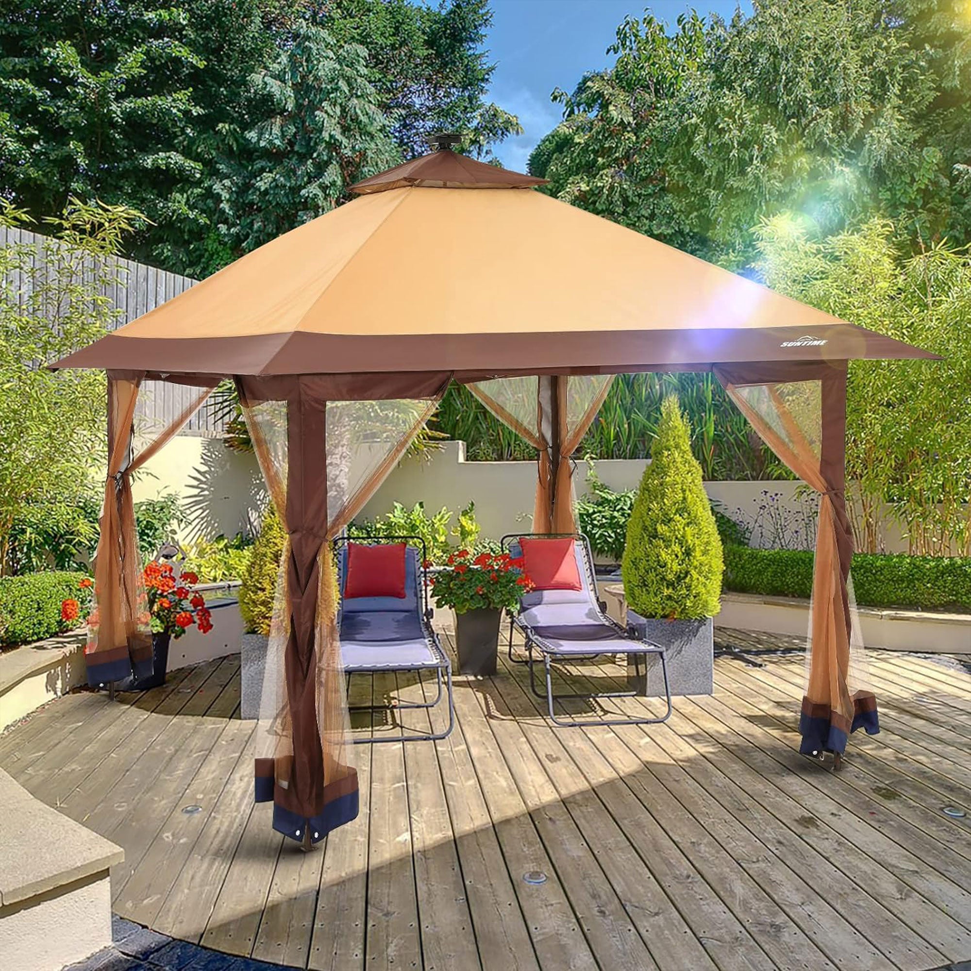 Suntime 12x12 Pop Up Gazebo Solar Light Screen Canopy Tent Cover, Brown (Used) - VMInnovations