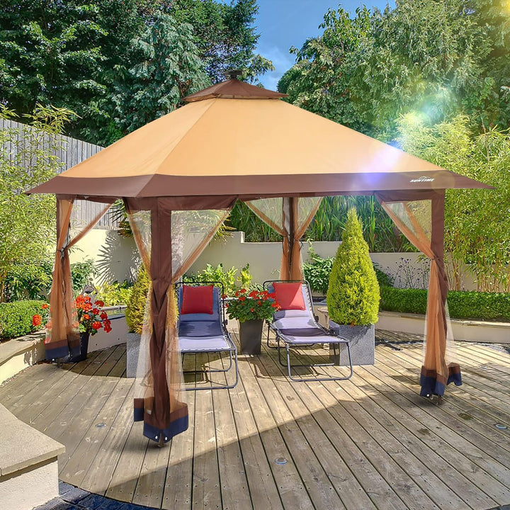 Suntime 12x12 Pop Up Gazebo Solar Light Screen Canopy Cover, Brown (For Parts)