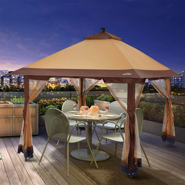 Suntime 12x12 Pop Up Gazebo Solar Light Screen Canopy Cover, Brown (For Parts)