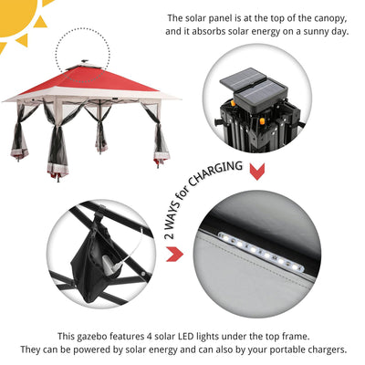 Suntime 12x12 Instant Pop Up Gazebo Solar Light Screen Canopy , Red (Open Box) - VMInnovations