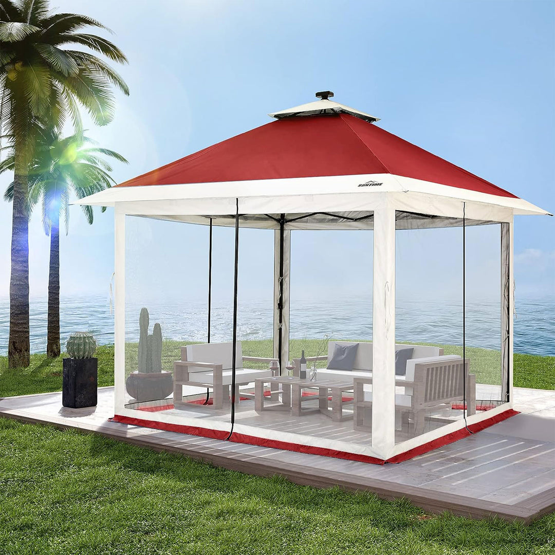 Suntime 12x12 Instant Pop Up Gazebo Solar Light Screen Canopy Tent Shelter, Red