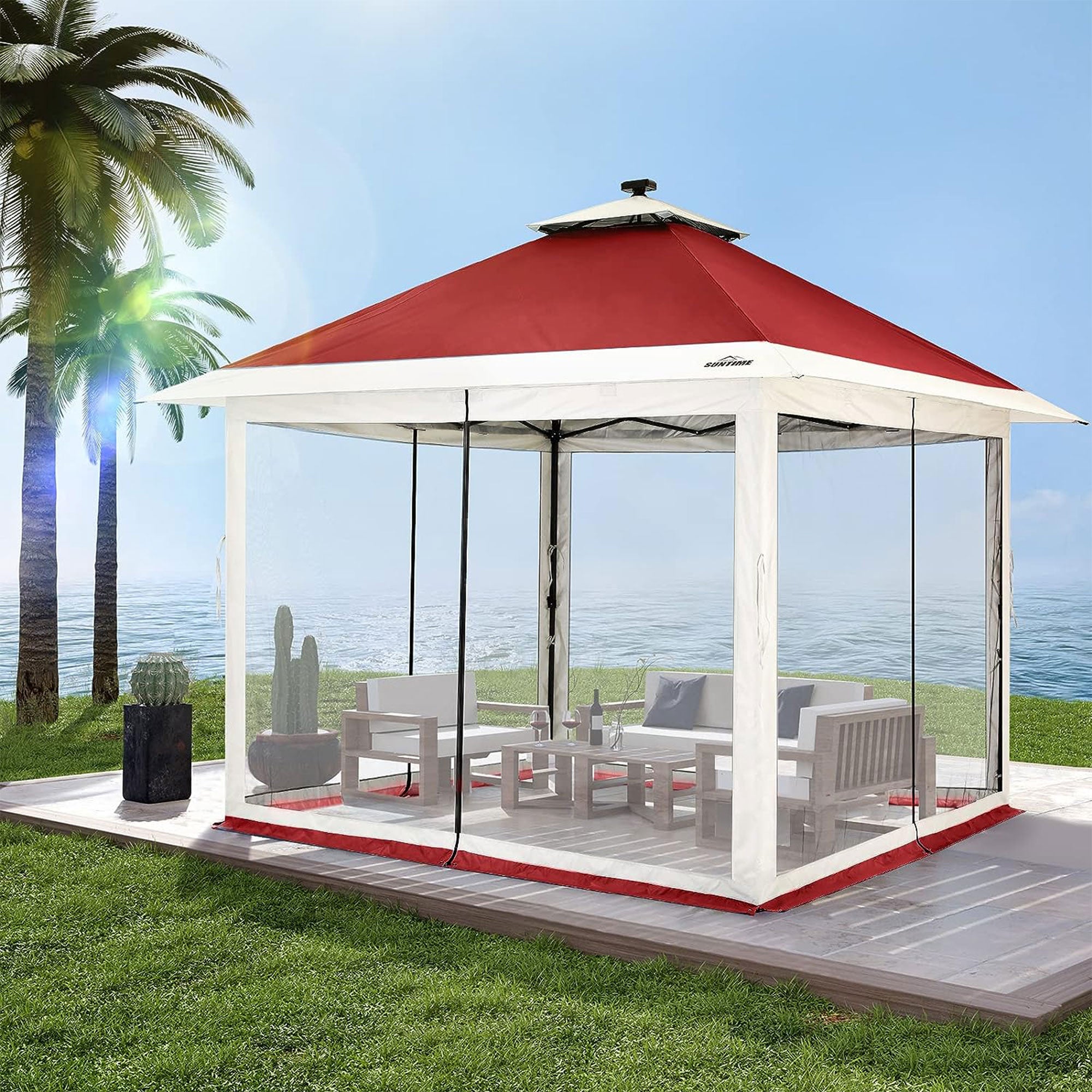 Suntime 12x12 Instant Pop Up Gazebo Solar Light Screen Canopy Shelter,Red (Used) - VMInnovations
