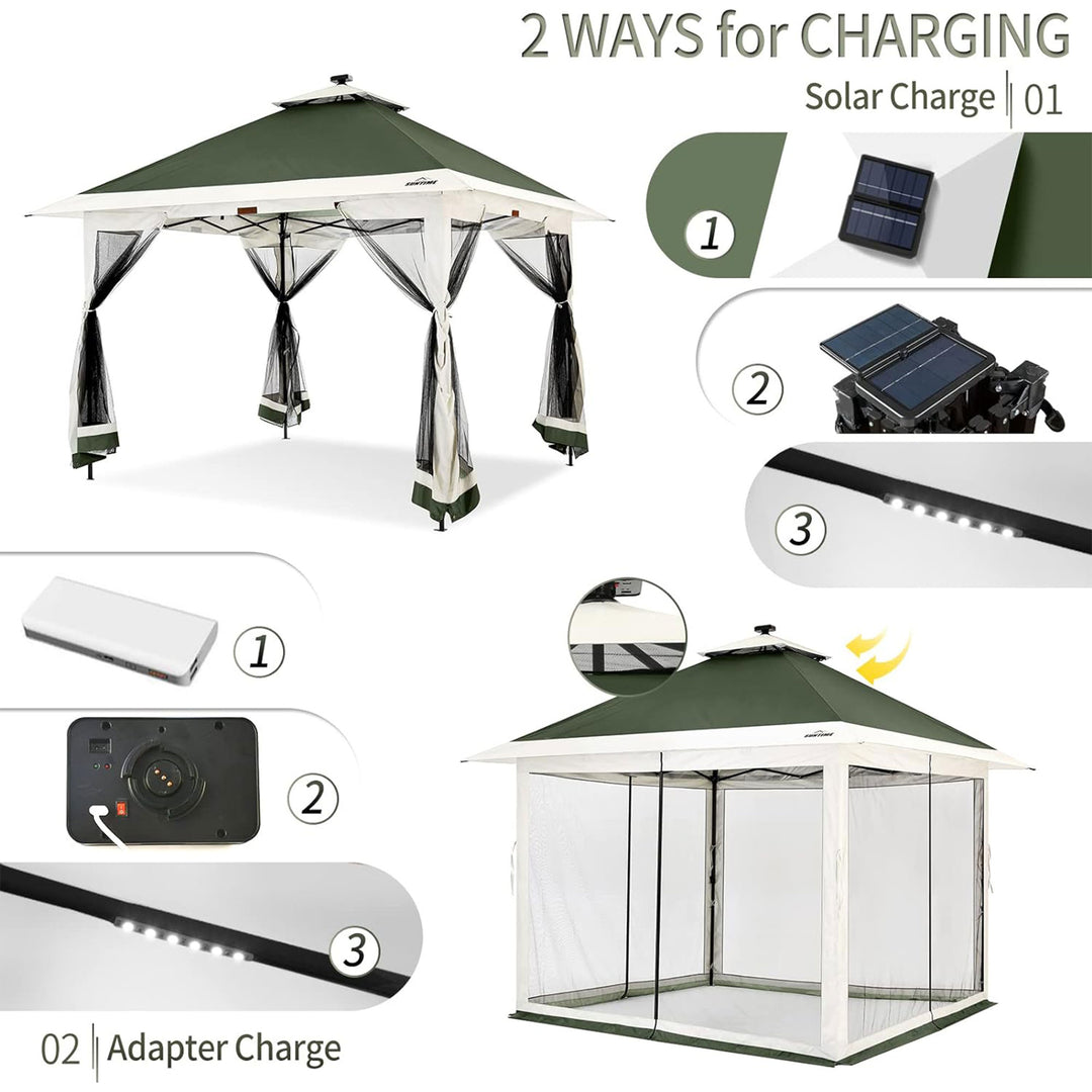 12x12 Pop Up Gazebo Solar Light Screen Canopy Tent Cover, Green (Open Box)