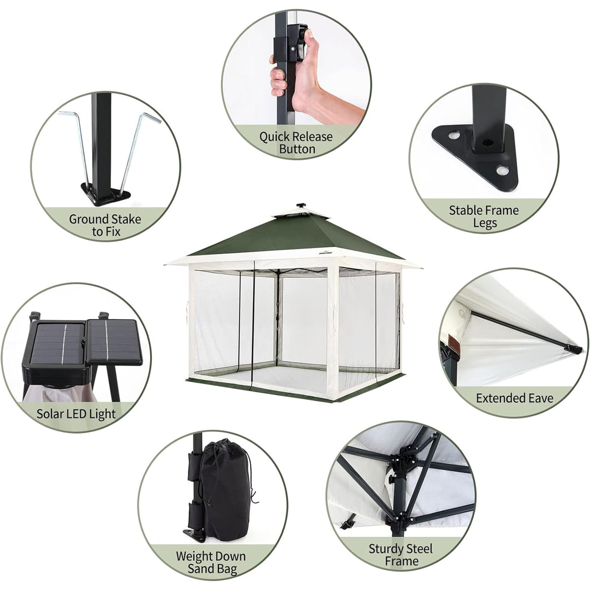 Suntime 12x12 Pop Up Gazebo Solar Light Screen Canopy Tent Cover, Green (Used)