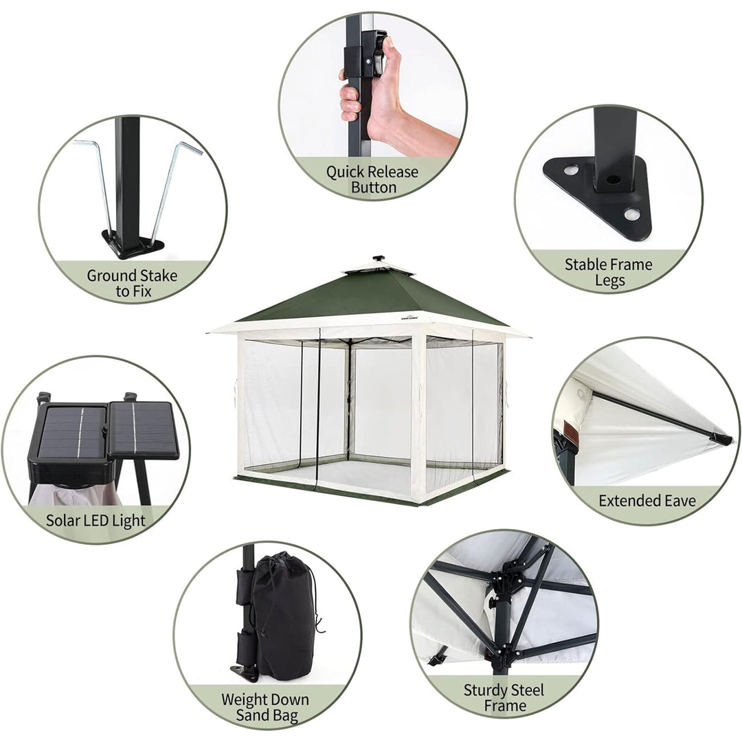 12x12 Pop Up Gazebo Solar Light Screen Canopy Tent Cover, Green (Open Box)