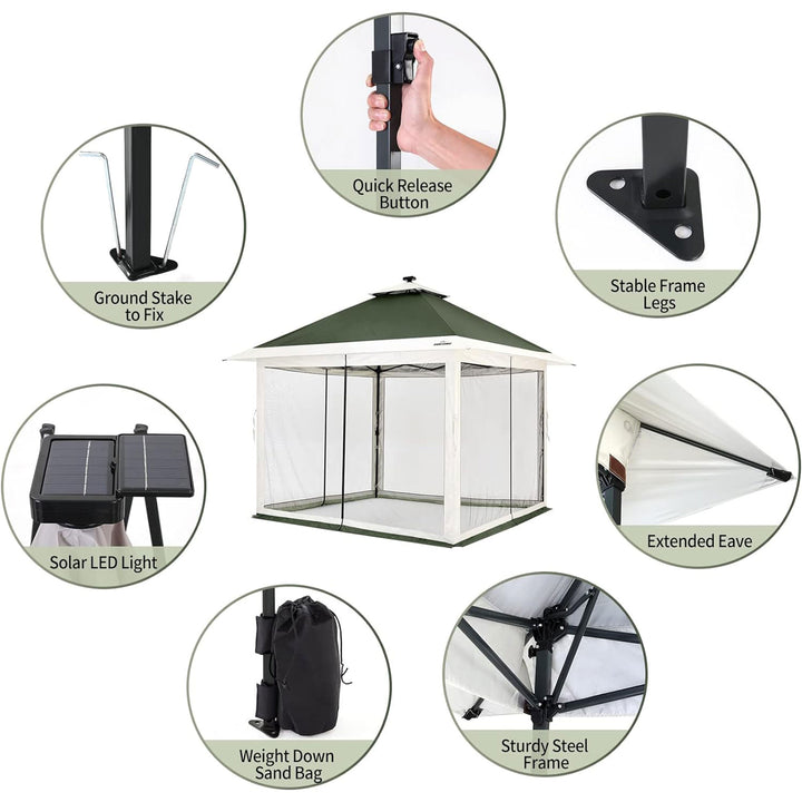 12x12 Pop Up Gazebo Solar Light Screen Canopy Tent Cover, Green (Open Box)