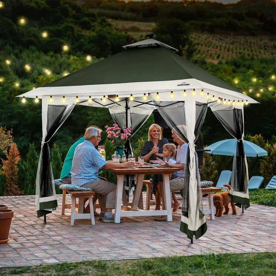 12x12 Pop Up Gazebo Solar Light Screen Canopy Tent Cover, Green (Open Box)