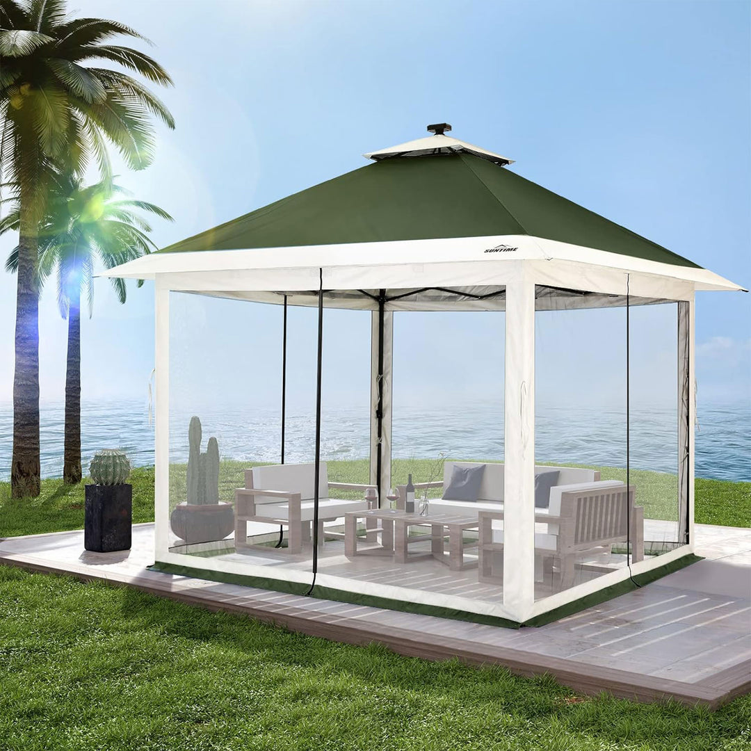 12x12 Pop Up Gazebo Solar Light Screen Canopy Tent Cover, Green (Open Box)