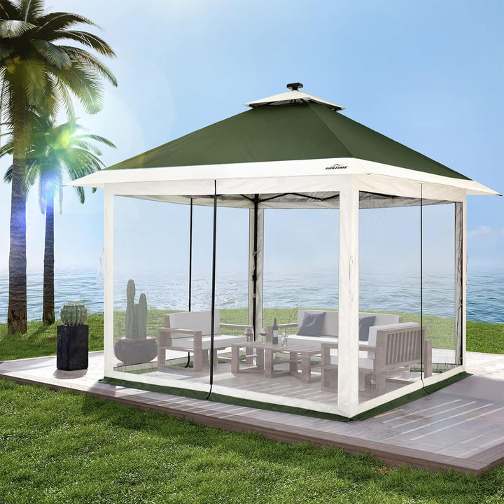 12x12 Pop Up Gazebo Solar Light Screen Canopy Tent Cover, Green (Open Box)