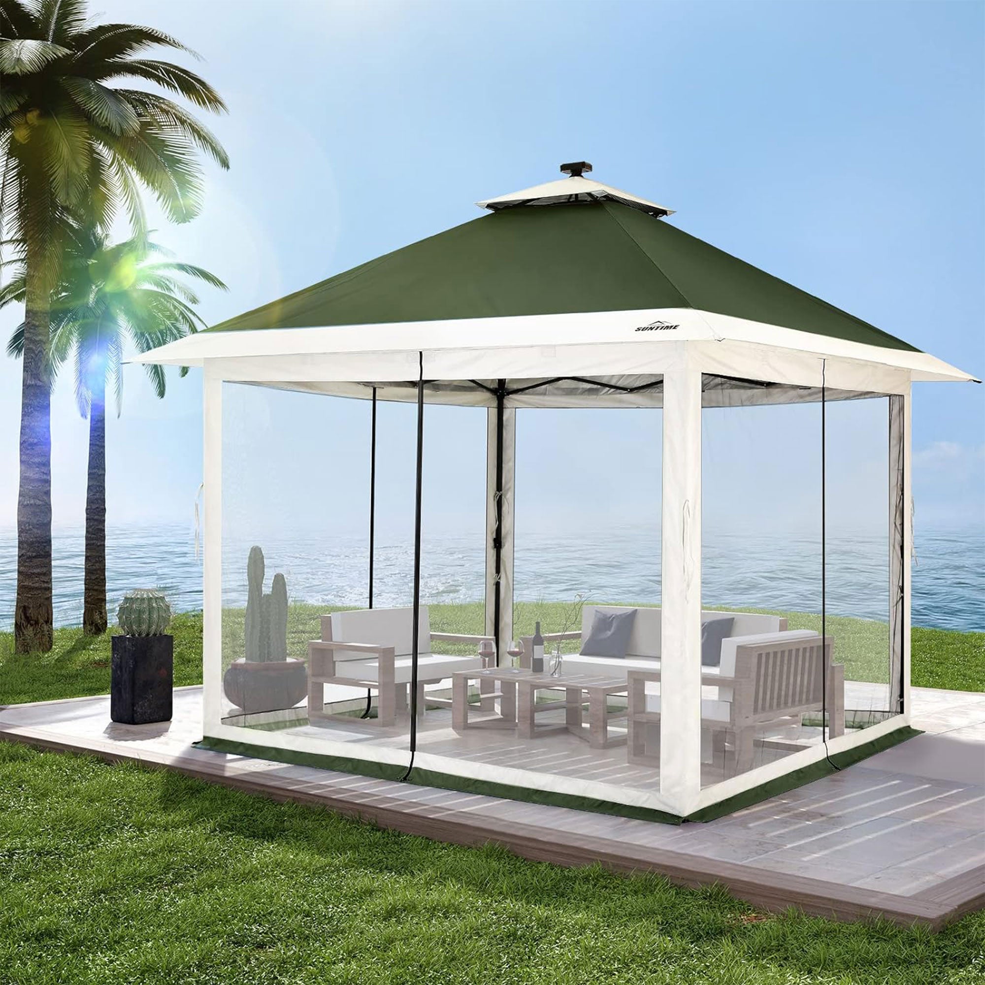 12x12 Pop Up Gazebo Solar Light Screen Canopy Tent Cover, Green (Open Box) - VMInnovations