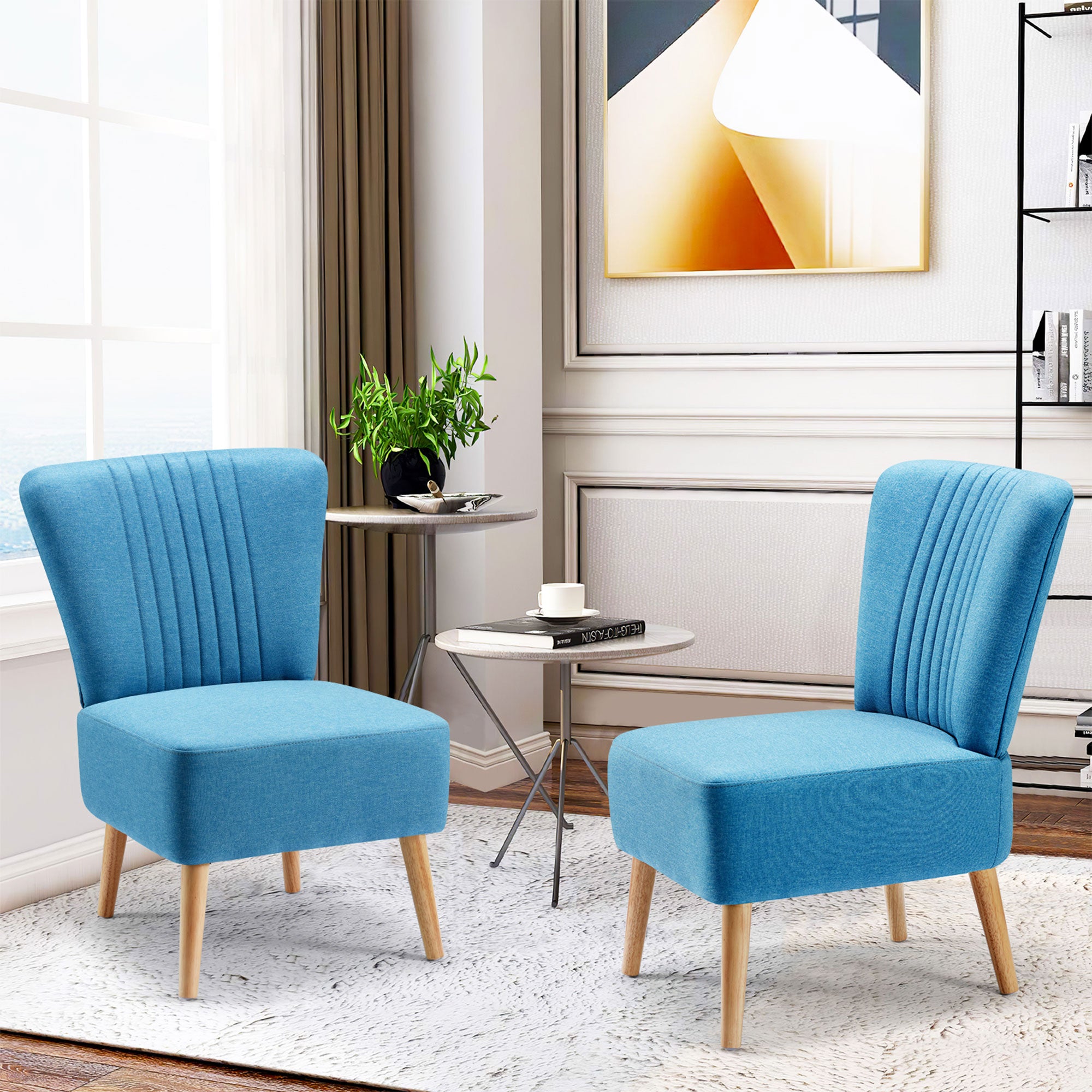 JOMEED Set of 2 Contemporary Padded Chairs w/Wooden Legs, Blue (Open Box) - VMInnovations