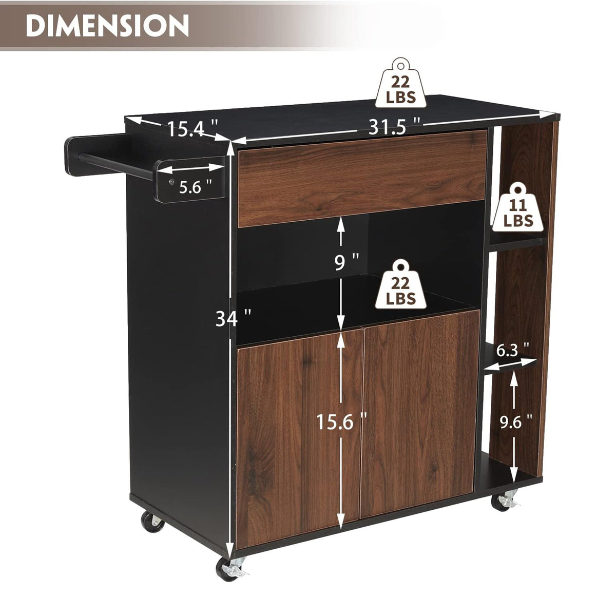 JOMEED Home Island Rolling Cart with Storage Drawers & Towel Rack (Open Box)