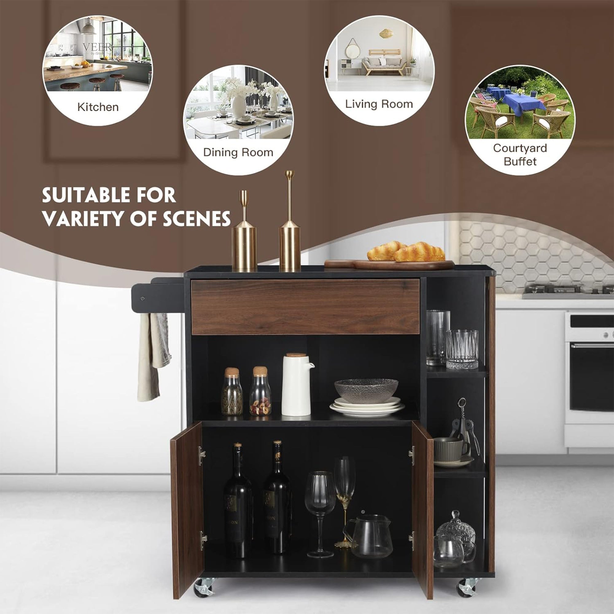 JOMEED Home Island Rolling Cart with Storage Drawers & Towel Rack (Open Box)