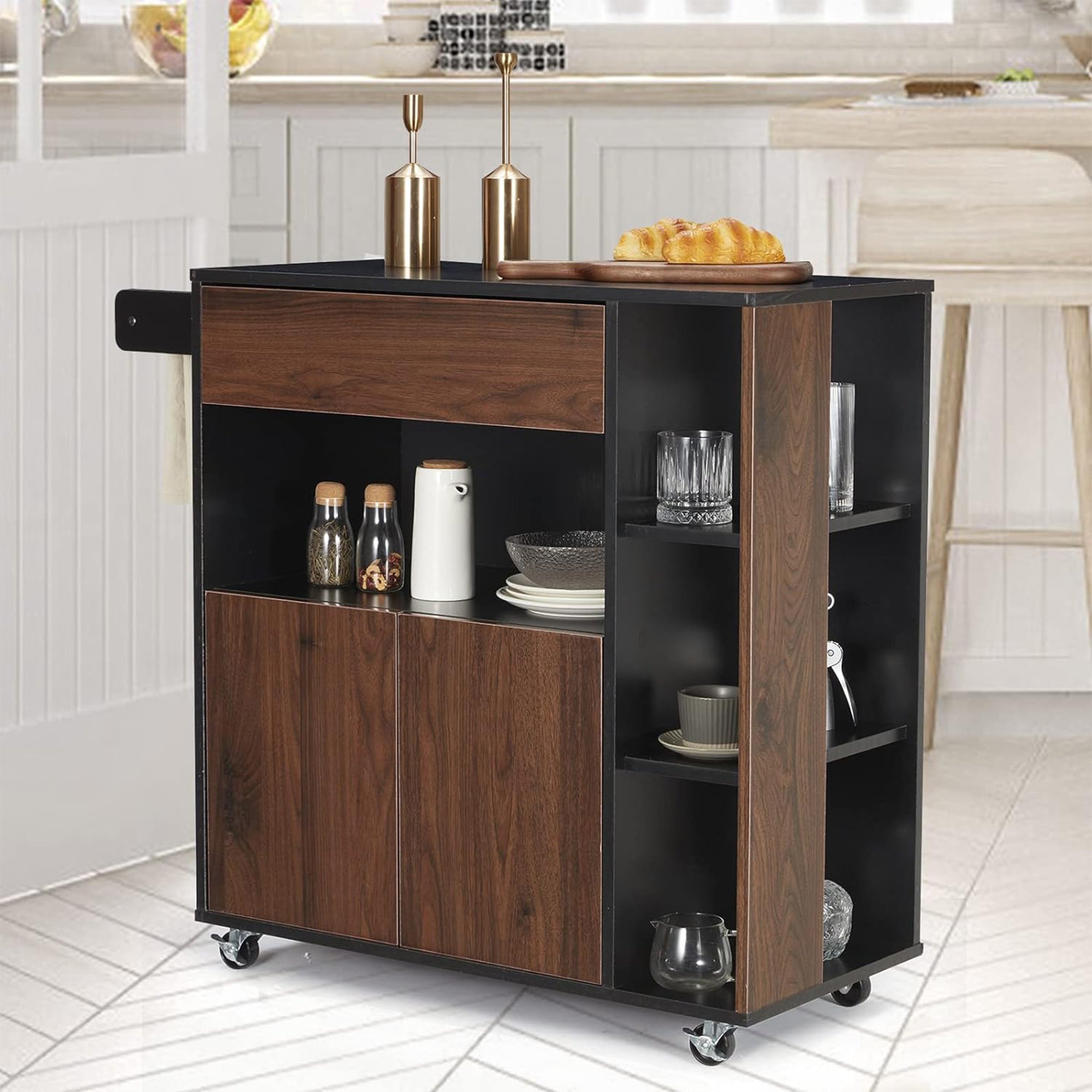 JOMEED Home Island Rolling Cart with Storage Drawers & Towel Rack (Open Box)