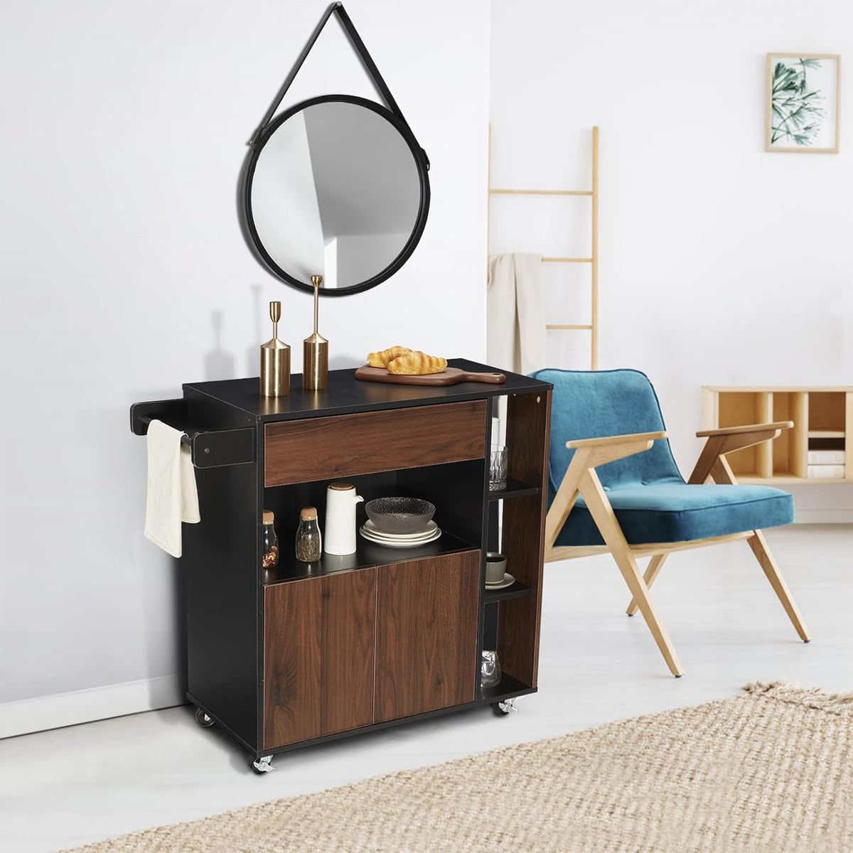 JOMEED Home Island Rolling Cart with Storage Drawers & Towel Rack (Open Box)