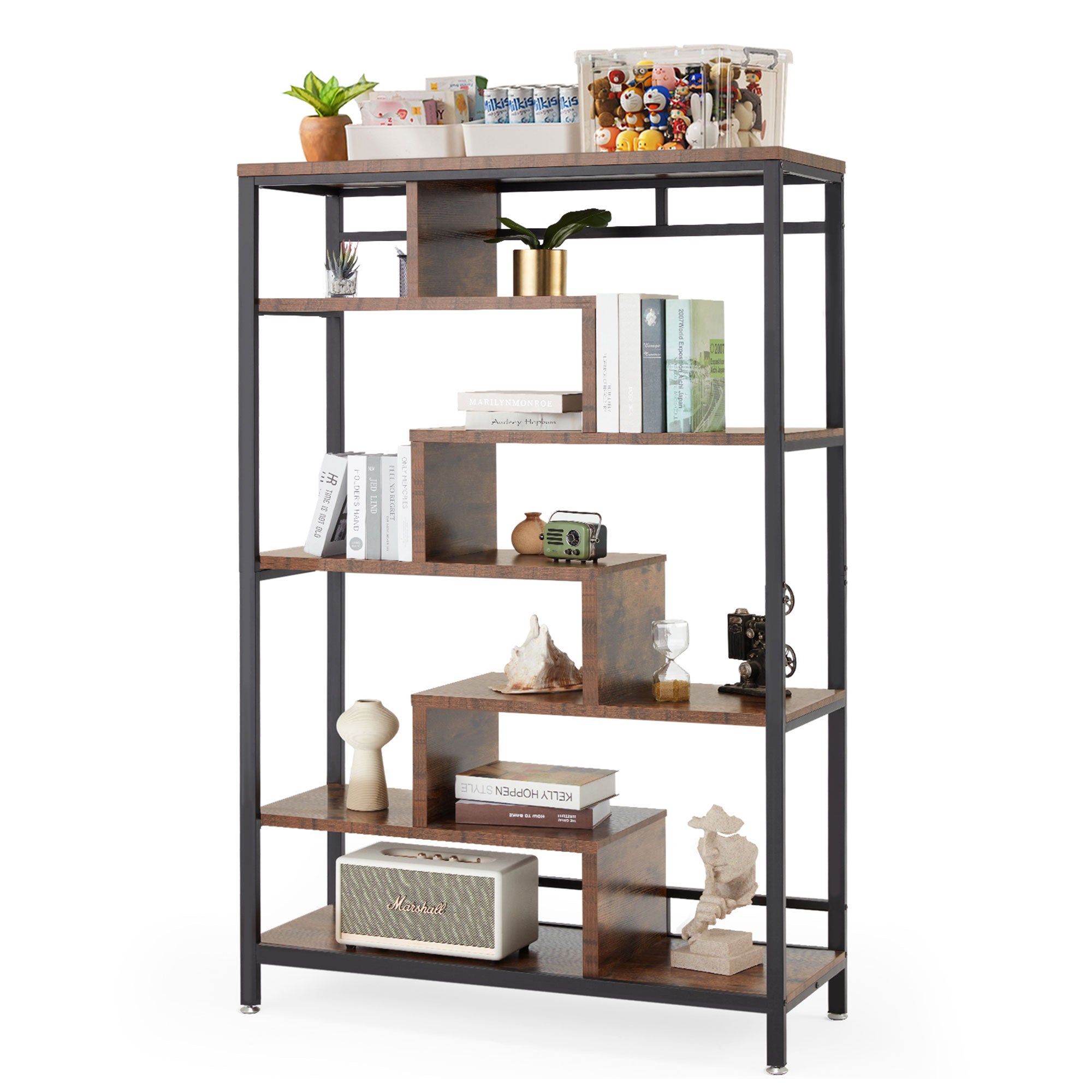 JOMEED 7 Tier Industrial Steel Open Display Asymmetrical Bookshelf Organizer - VMInnovations
