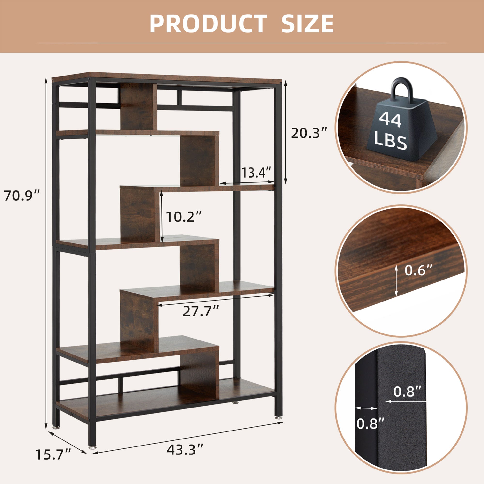 JOMEED 7 Tier Industrial Steel Open Display Asymmetrical Bookshelf Organizer - VMInnovations