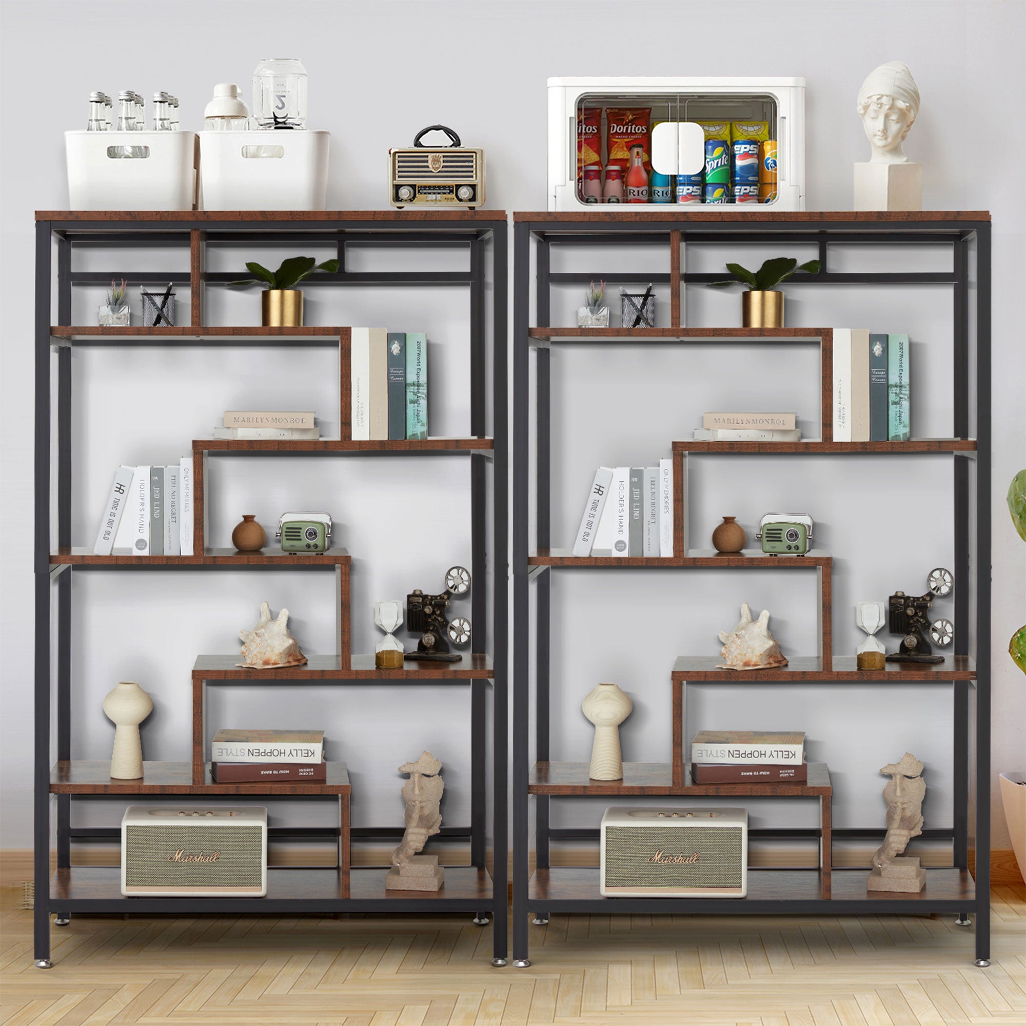 JOMEED 7 Tier Industrial Steel Open Display Asymmetrical Bookshelf Organizer - VMInnovations
