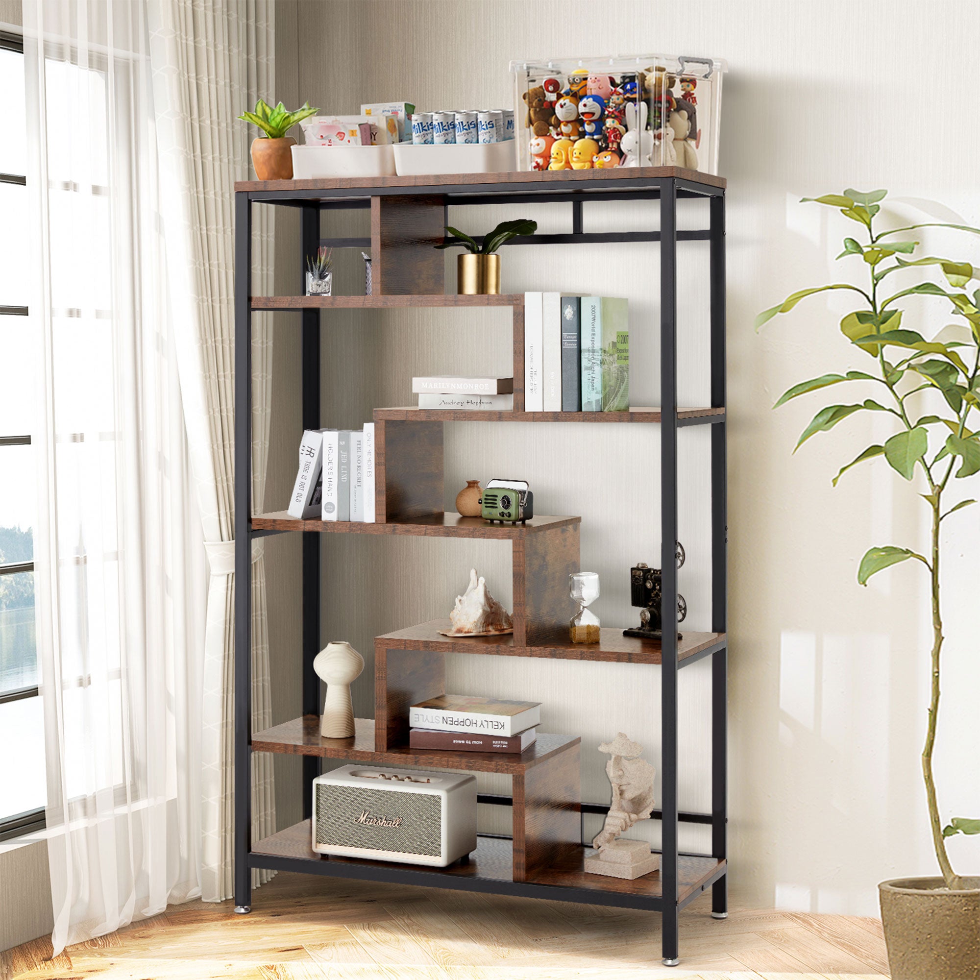 JOMEED 7 Tier Industrial Steel Open Display Asymmetrical Bookshelf Organizer - VMInnovations