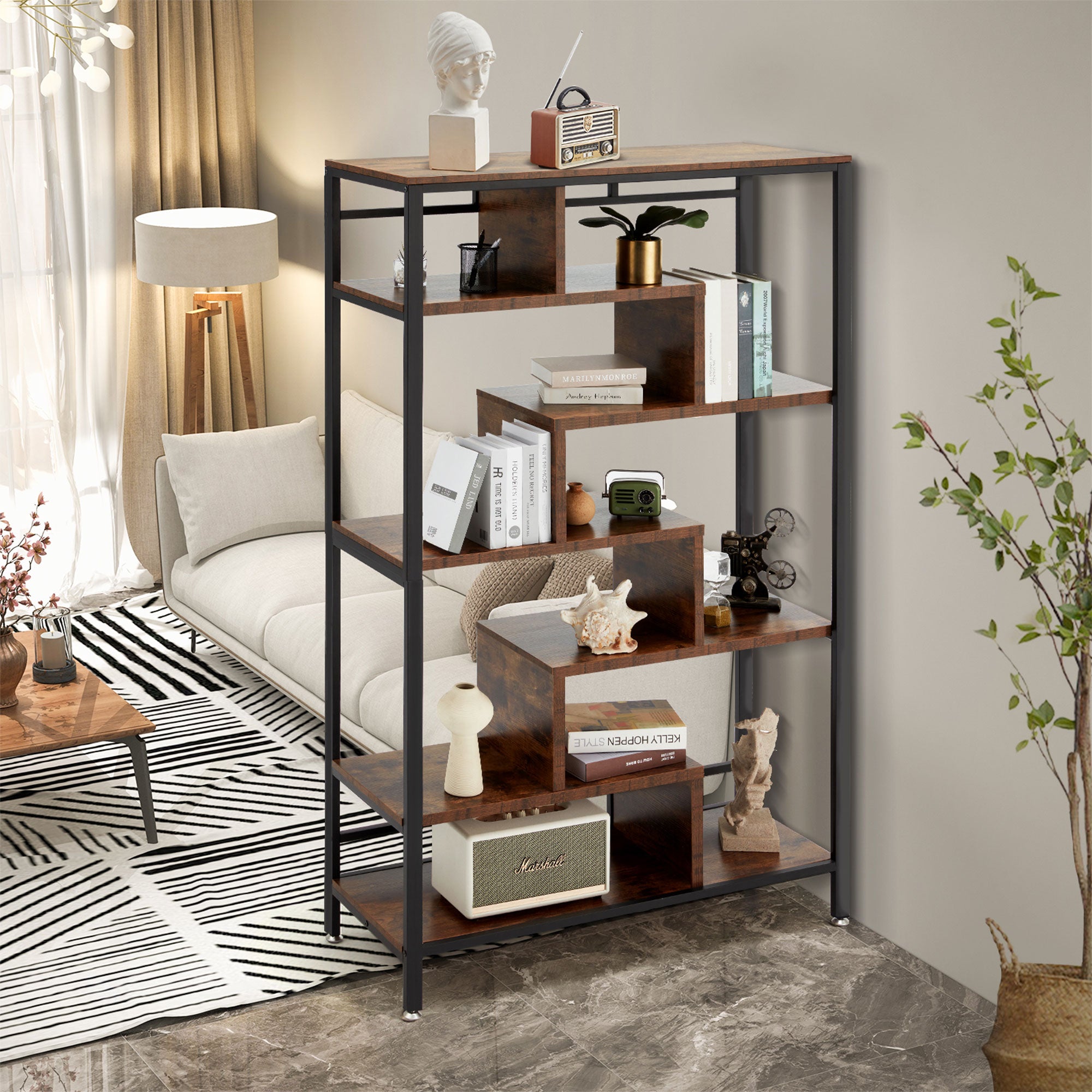 JOMEED 7 Tier Industrial Steel Open Display Asymmetrical Bookshelf Organizer - VMInnovations