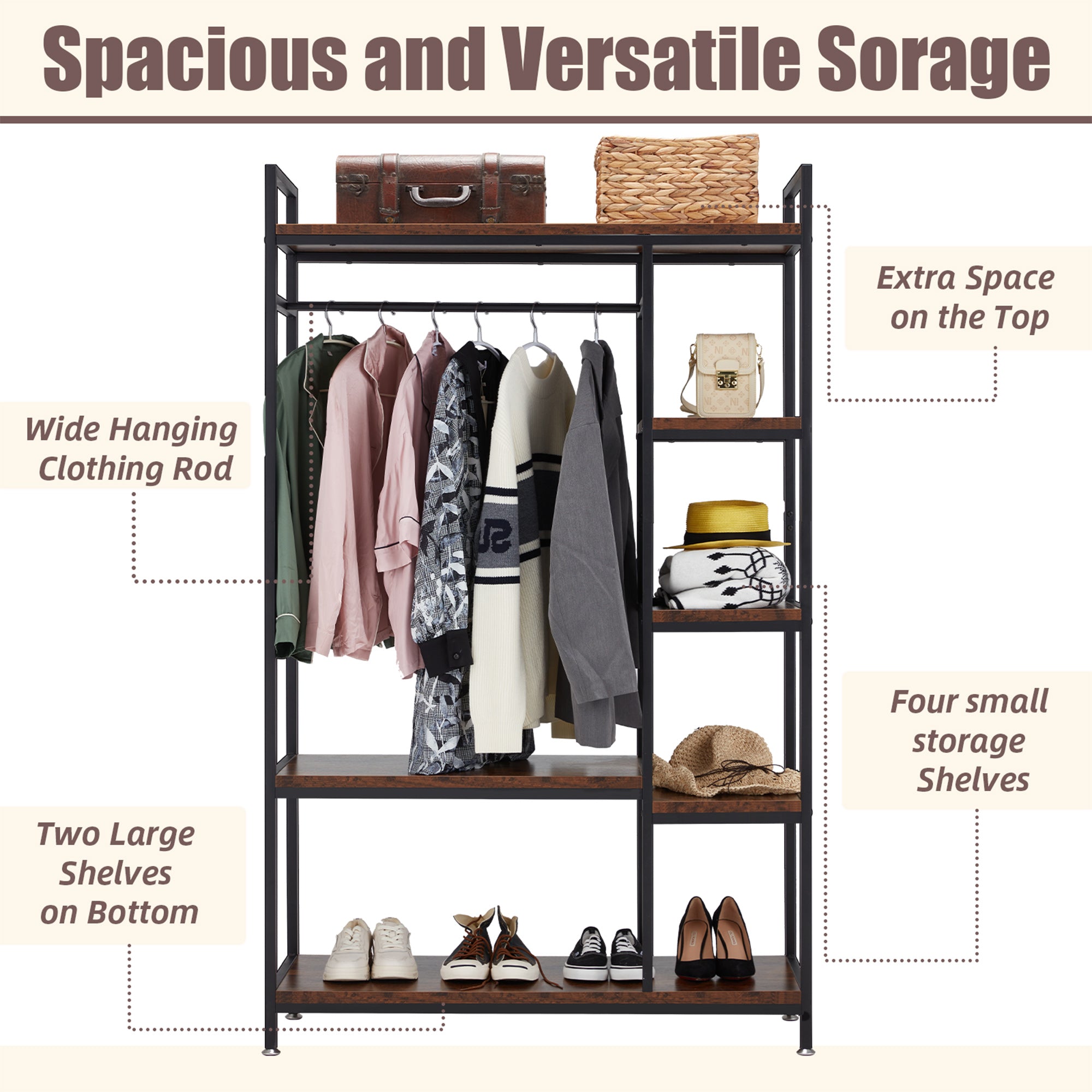 JOMEED Freestanding Closet Clothing Rack Organizer with Shelves and Hanging Rod - VMInnovations