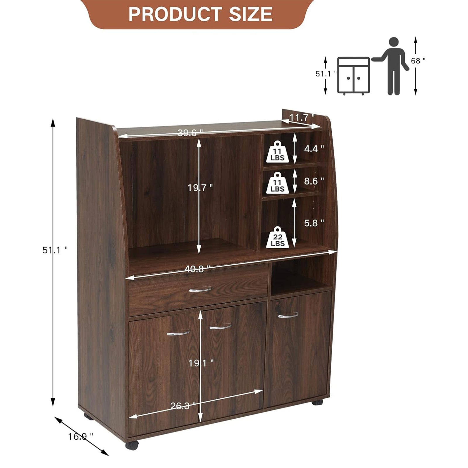 JOMEED Kitchen Pantry Microwave Storage Cabinet with Wheels, Drawer, and Shelves - VMInnovations